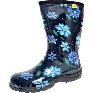 Women's Blue Black Print Waterproof Mid Calf Rubber Garden Comfort Insole Boot